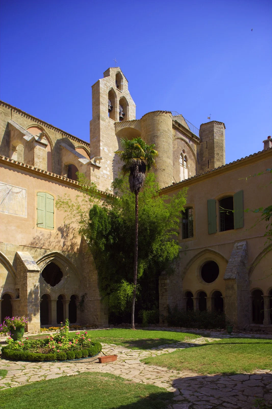 Jardin du cloître de l'Abbaye de Valmagne avec palmier et pelouse verdoyante, espace cocktail mariage Hérault
