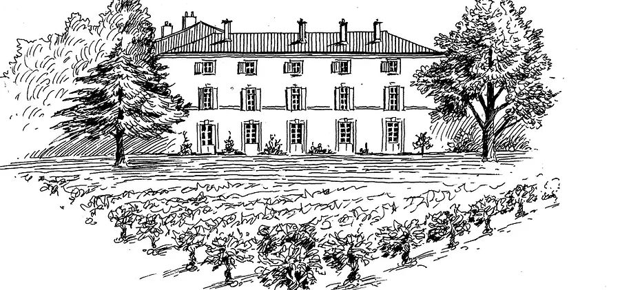 Illustration au trait du Château de Coussergues avec vignes et façade classique, domaine viticole Hérault