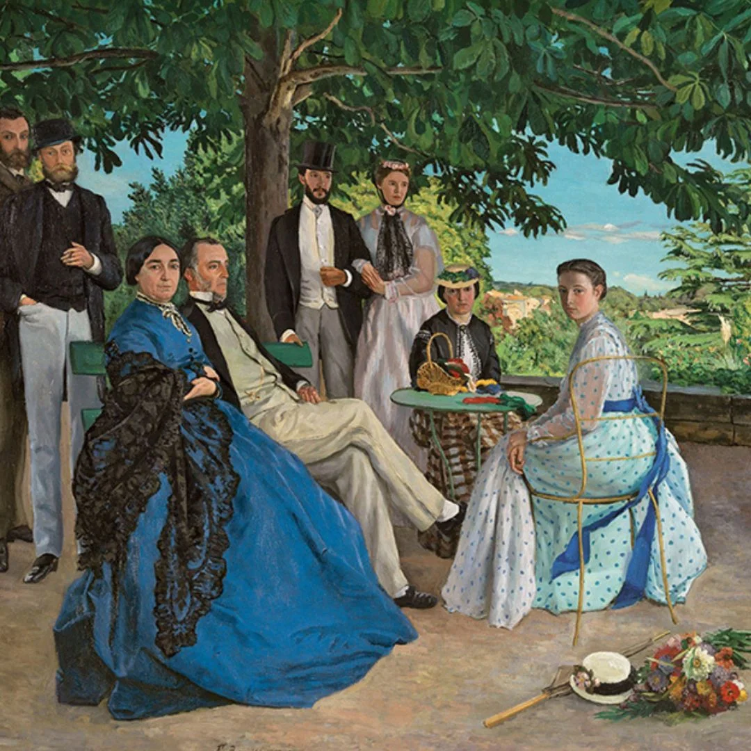 Peinture ancienne XIXe siècle représentant une famille dans le jardin du Château de Flaugergues