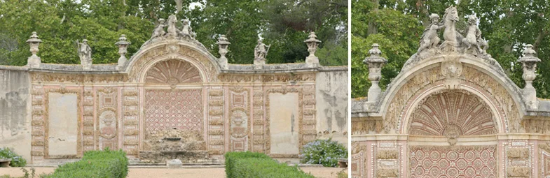 Nymphée baroque orné de mosaïques et sculptures mythologiques dans les jardins du Château de la Mogère, Hérault