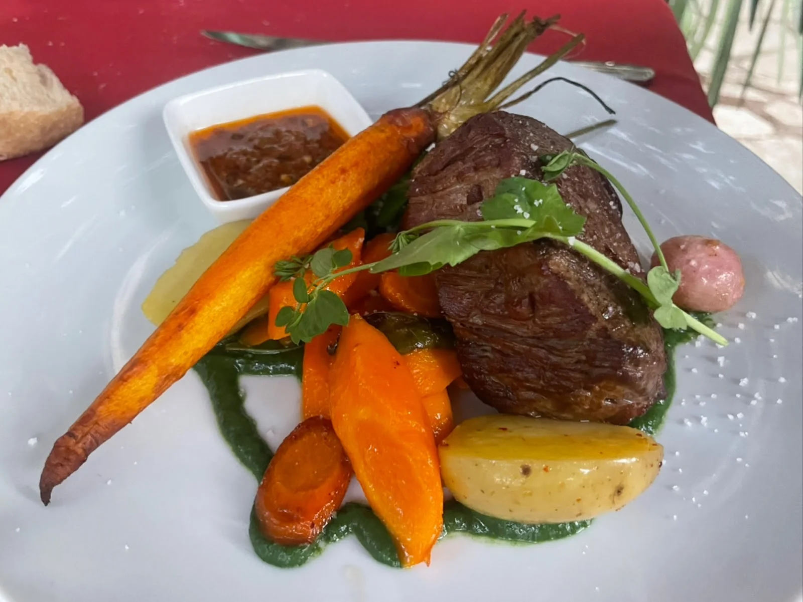 Plat gastronomique viande grillée et carottes rôties du restaurant Château de Lunas en Hérault