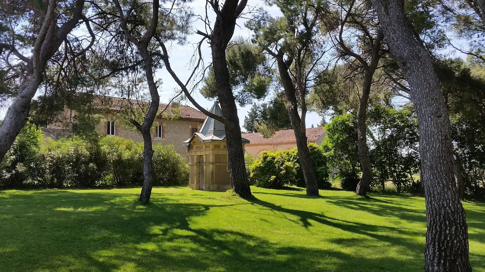 Jardin du Château de Sériège Hérault avec pelouse verte pinède et pavillon en bois dans le domaine