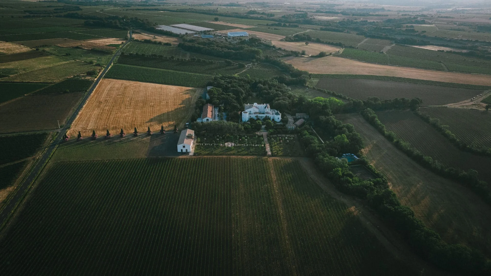 Domaine du Château Hermitage de Combas vu du ciel, entouré de vignes et champs en Hérault