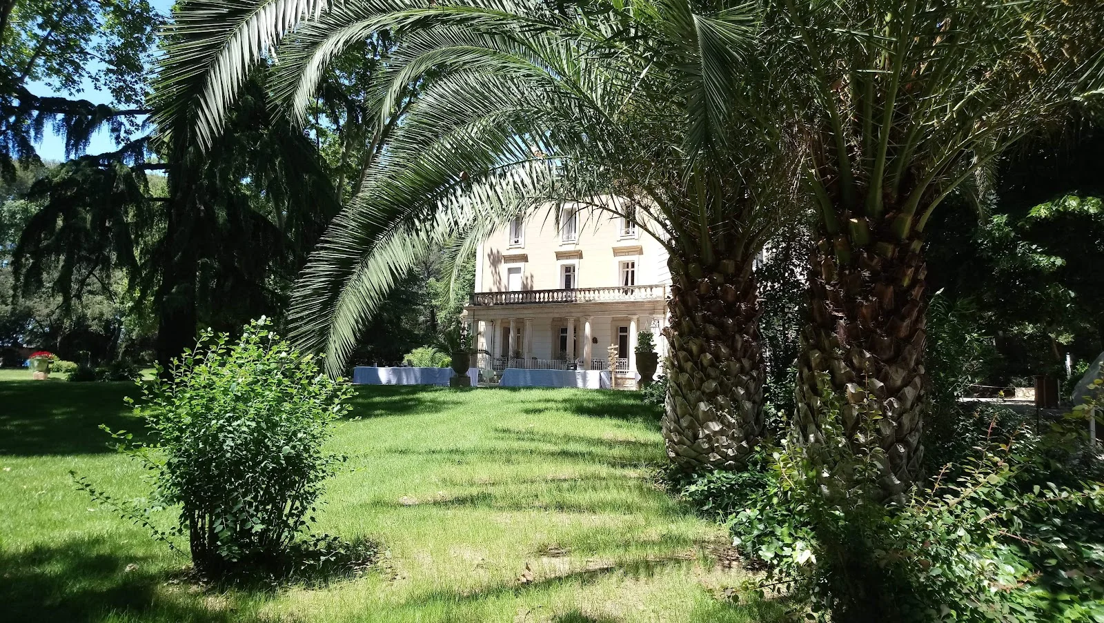 Vue du Château La Banquière depuis le parc avec palmiers et pelouse verte pour mariage en Hérault