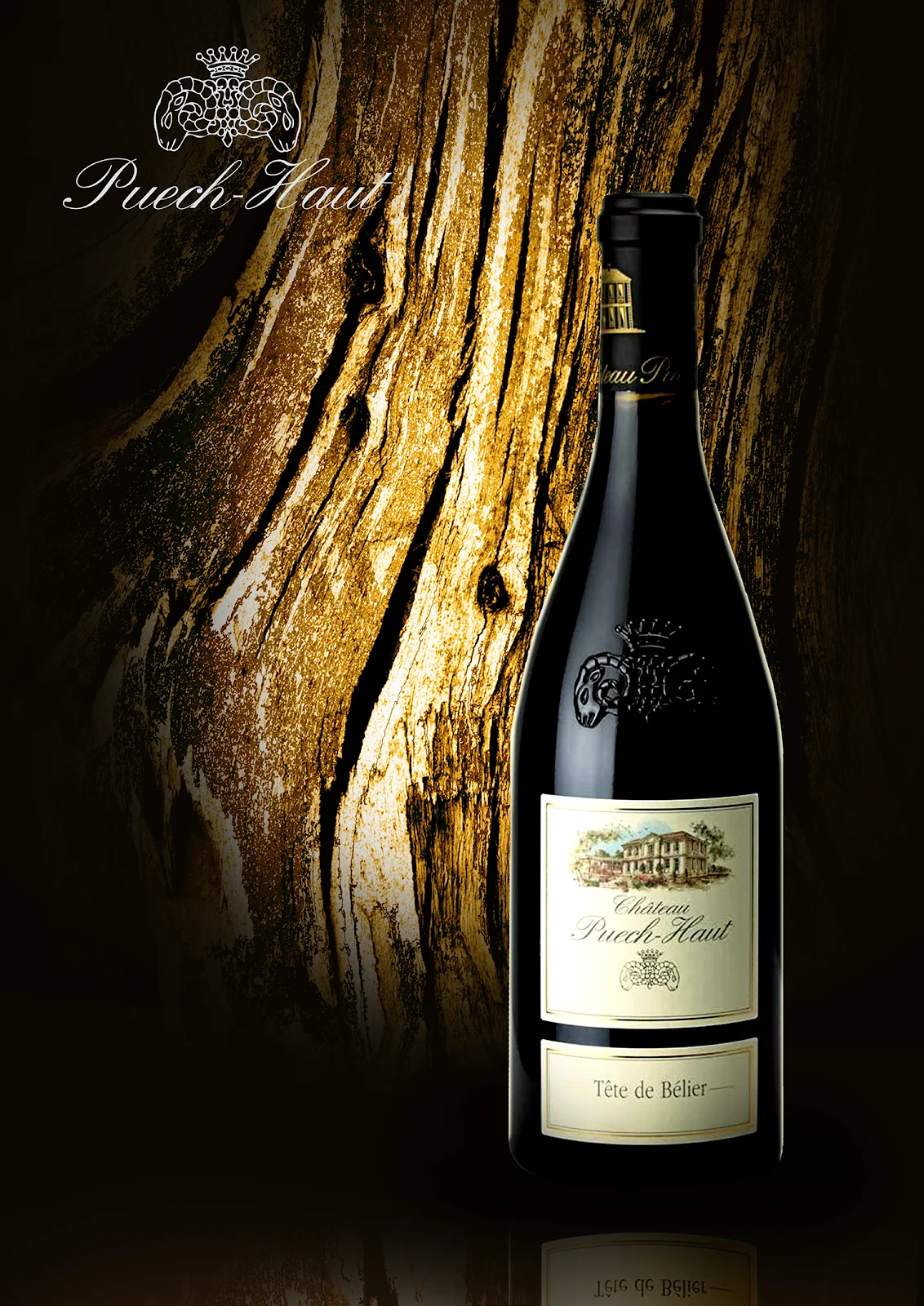Bouteille prestige Château Puech-Haut Tête de Bélier sur fond bois doré, grand vin de l'Hérault servi lors des mariages