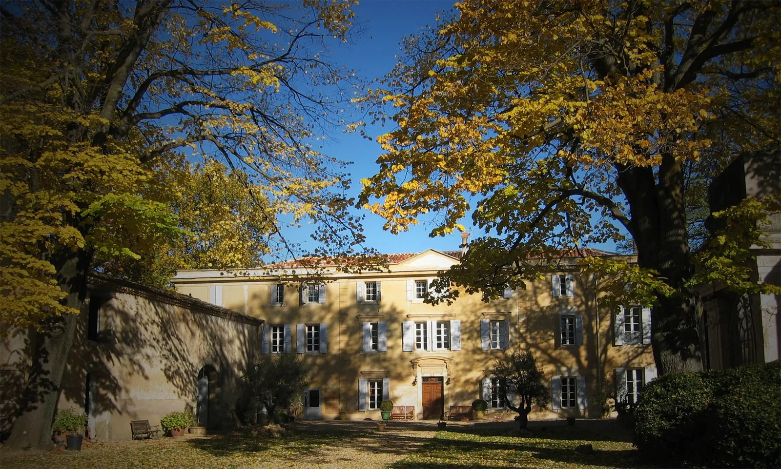 Façade château jaune, arbres feuillage automne, jardin ombragé, ambiance chaleureuse Château Rieutort Saint-Pargoire mariage Hérault Occitanie
