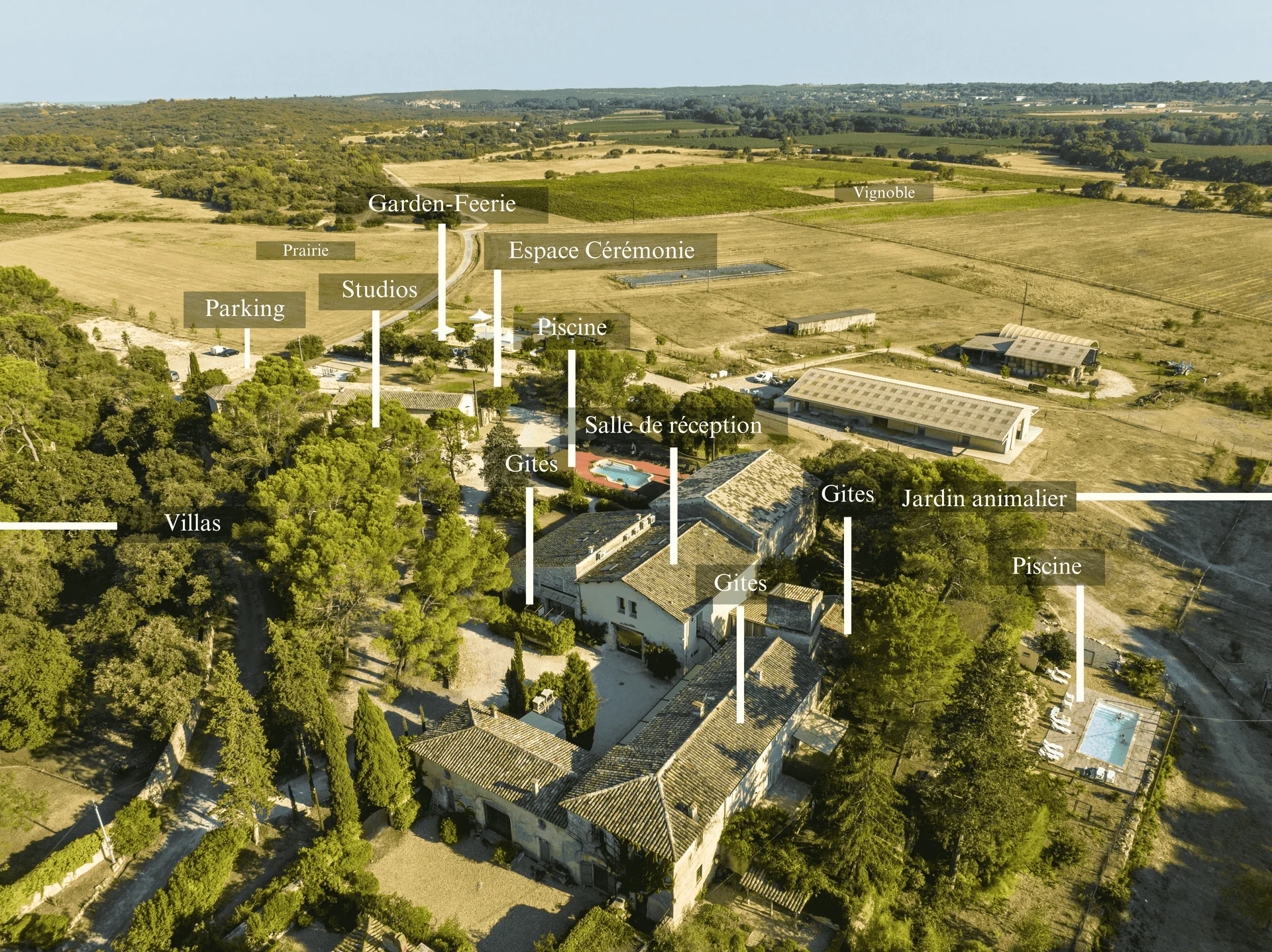 Plan aérien annoté du Domaine de Christin dans l'Hérault montrant tous les espaces : cérémonie, réception, gîtes, piscines et vignoble