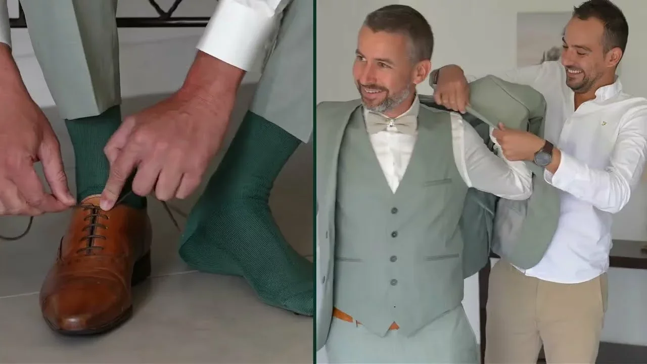 Préparatifs du marié en costume vert sauge au Domaine de Christin dans l'Hérault