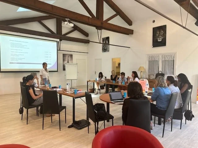 Salle de séminaire lumineuse avec poutres apparentes au Domaine de Christin dans l'Hérault
