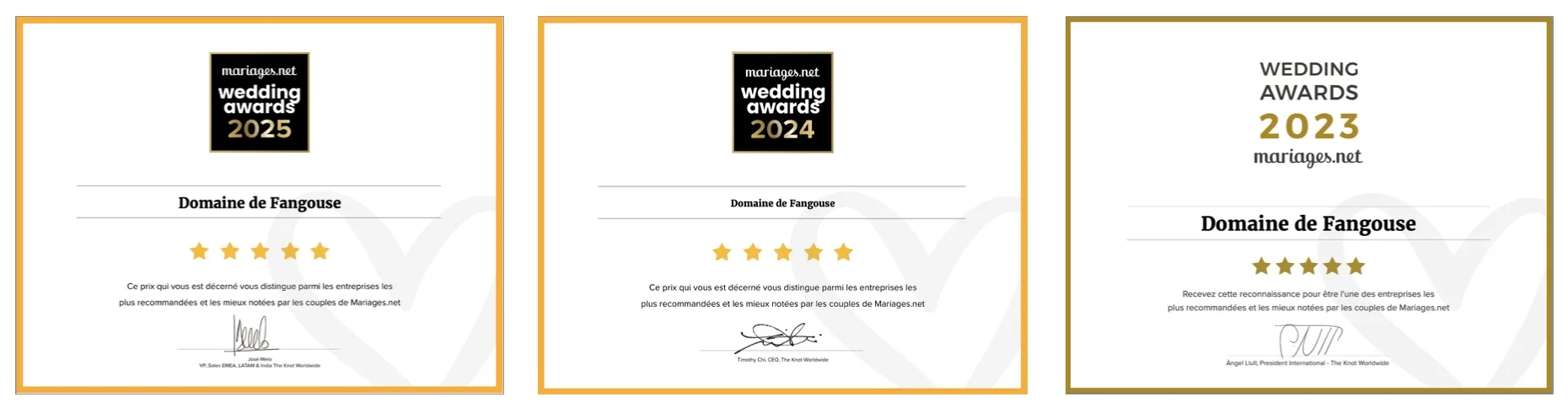 Domaine de Fangouse lauréat Wedding Awards 2020 2021 2022 par Mariages.net, lieu de mariage Hérault