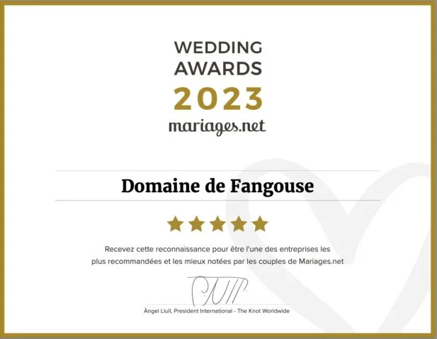 Certificat Wedding Awards 2023 mariages.net 5 étoiles décerné au Domaine de Fangouse lieu de mariage Hérault