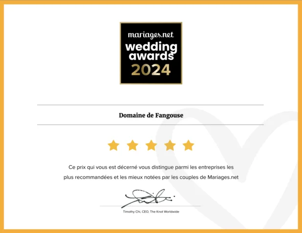 Certificat Wedding Awards 2024 mariages.net 5 étoiles pour le Domaine de Fangouse lieu de mariage Hérault