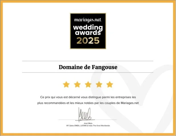 Certificat Wedding Awards 2025 mariages.net 5 étoiles décerné au Domaine de Fangouse Hérault