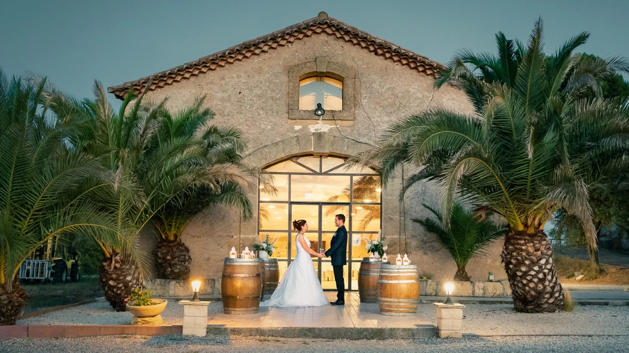 Domaine de l Ale - facade salle mariage nuit palmiers barriques