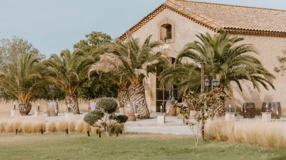 Domaine de l Ale Capestang - vue exterieure salle palmiers herbes Herault