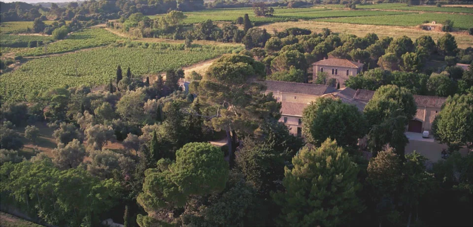 Vue aérienne du Domaine de la Clapière entouré de vignes et oliviers en Hérault, domaine de mariage