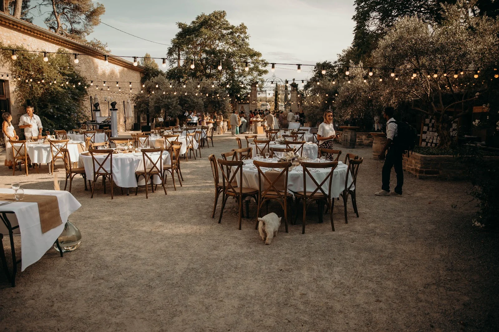 Dîner de mariage en plein air au Domaine de la Grange Hérault - tables rondes sous guirlandes lumineuses et oliviers