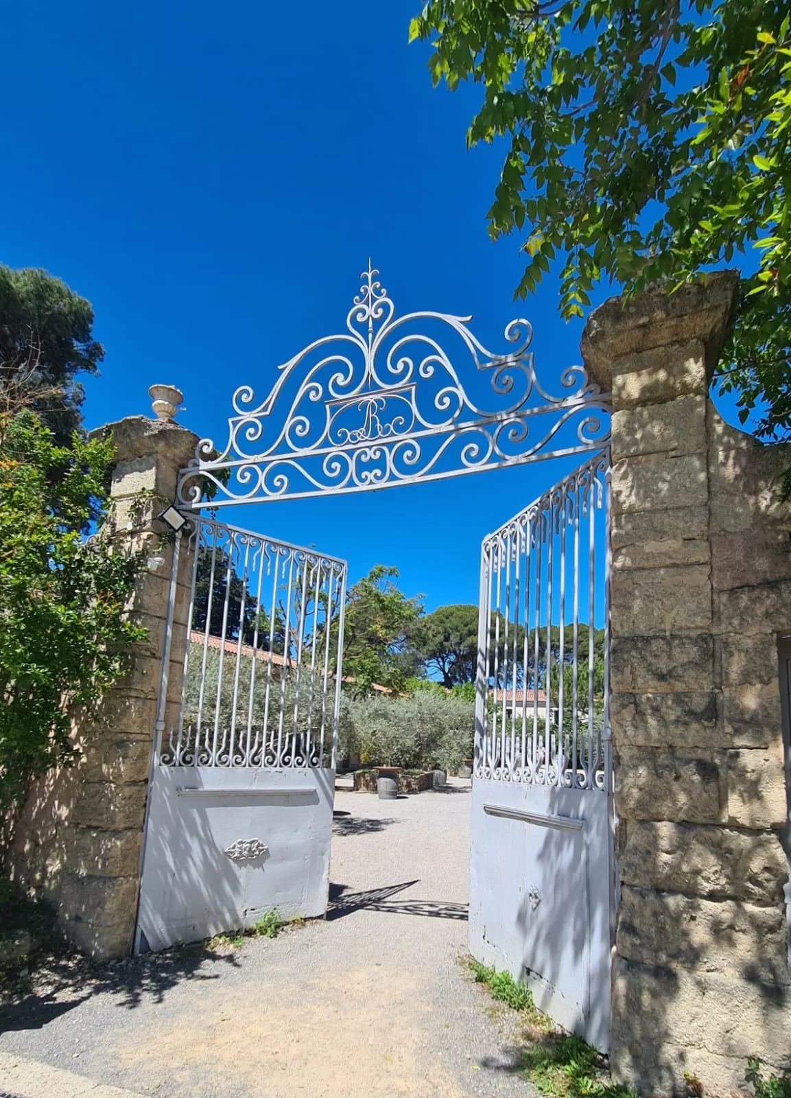 Entrée du Domaine de la Grange Hérault - portail en fer forgé blanc ouvrant sur l'allée du domaine de mariage