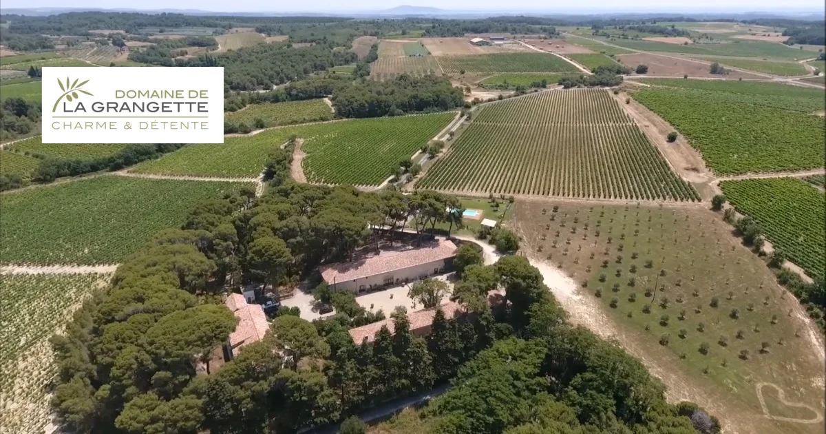 Vue aérienne du Domaine de la Grangette entouré de vignes et pinèdes dans l'Hérault - lieu de mariage en Languedoc