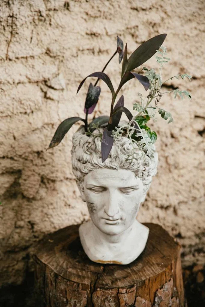 Buste antique gréco-romain utilisé comme jardinière au Domaine de La Tour Montpellier, décoration originale mariage Hérault