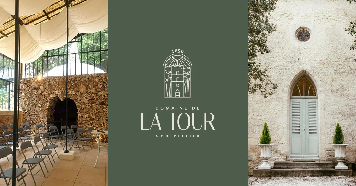 Salle de cérémonie en verrière et façade historique du Domaine de La Tour Montpellier, mariage Hérault