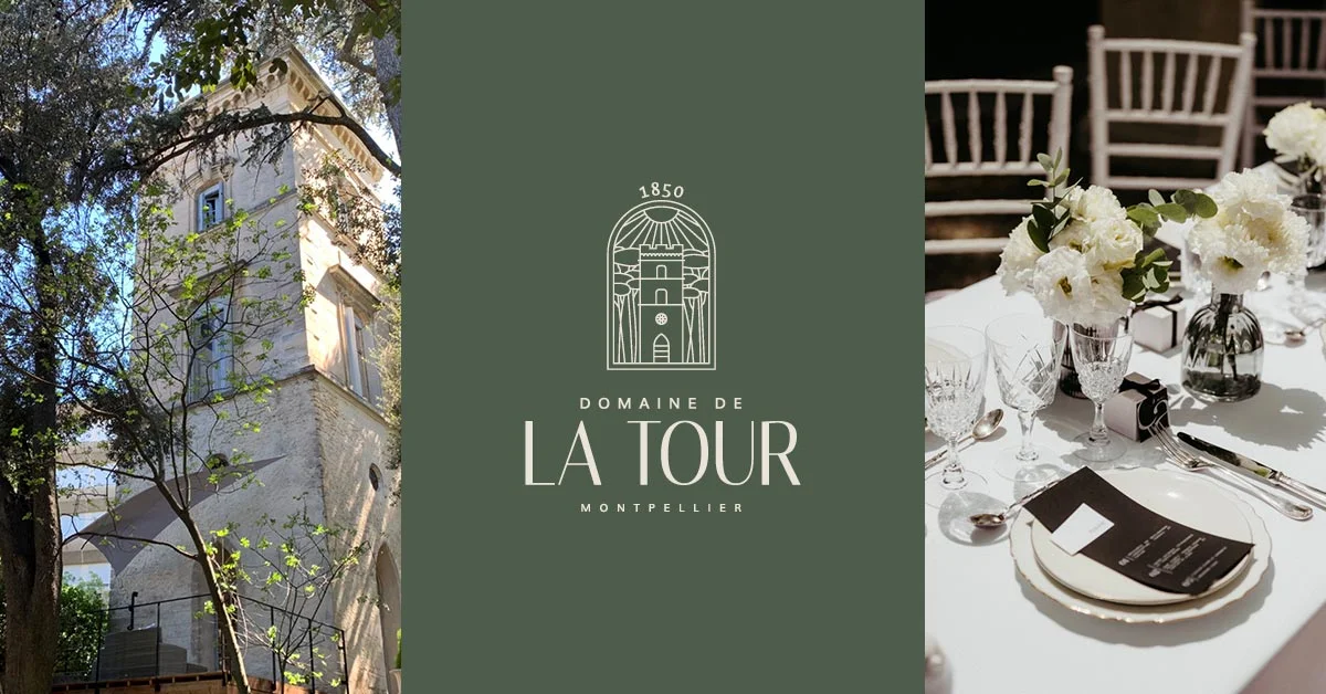 Bandeau officiel Domaine de la Tour Montpellier 1850 avec vue tour et table mariage dressée Hérault