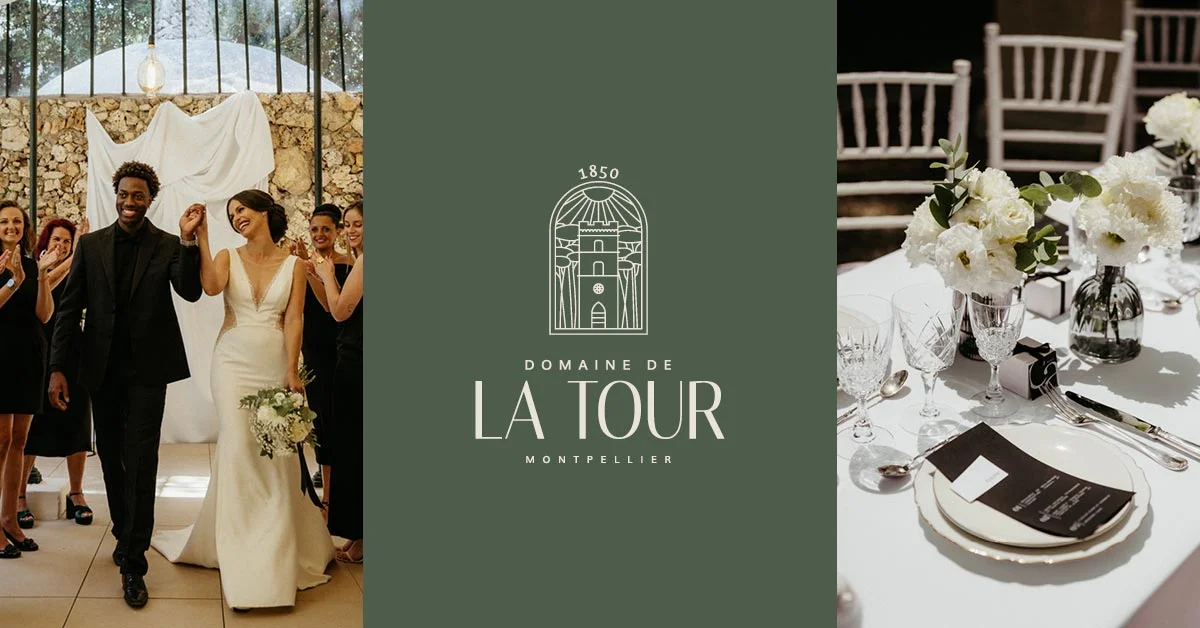 Couple de mariés et décoration de table au Domaine de La Tour Montpellier 1850, salle mariage Hérault