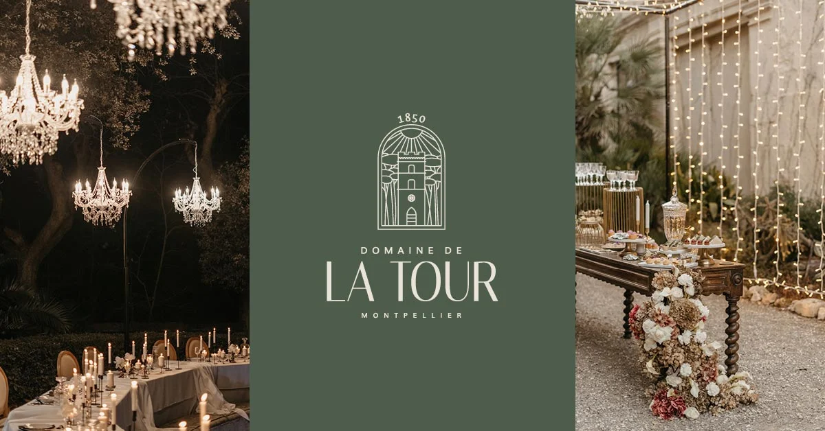 Réception en plein air avec lustres cristal et table de desserts fleurie au Domaine de La Tour Montpellier Hérault