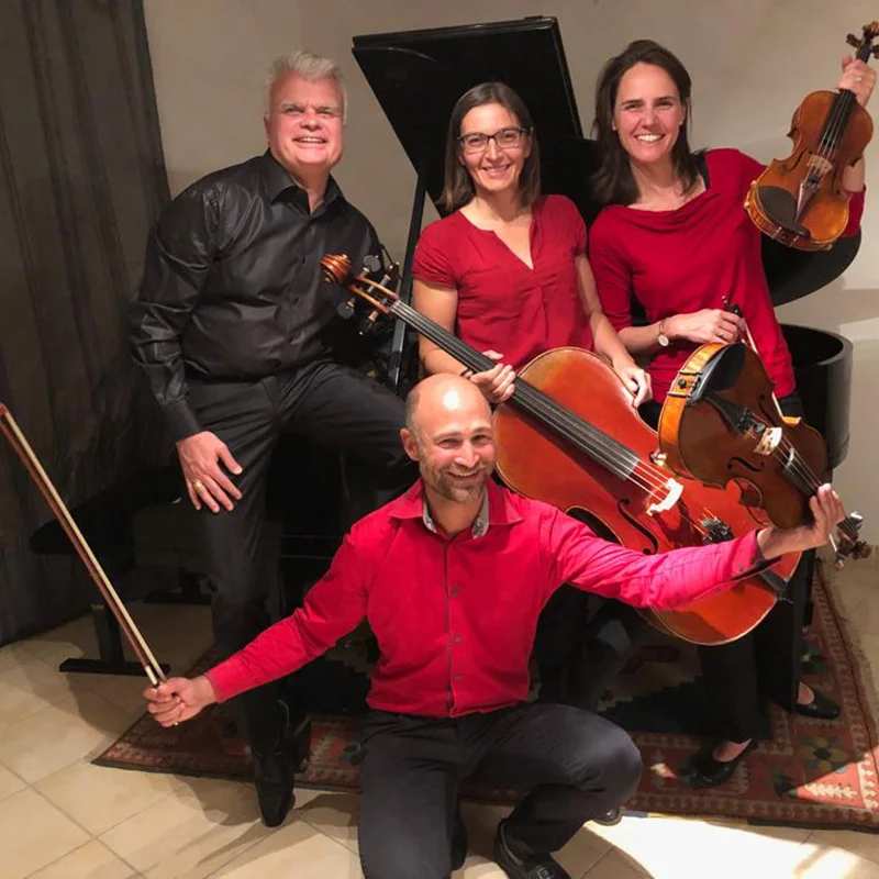 Quatuor à cordes posant avec leurs instruments lors d'un mariage au Domaine de la Tour, Hérault