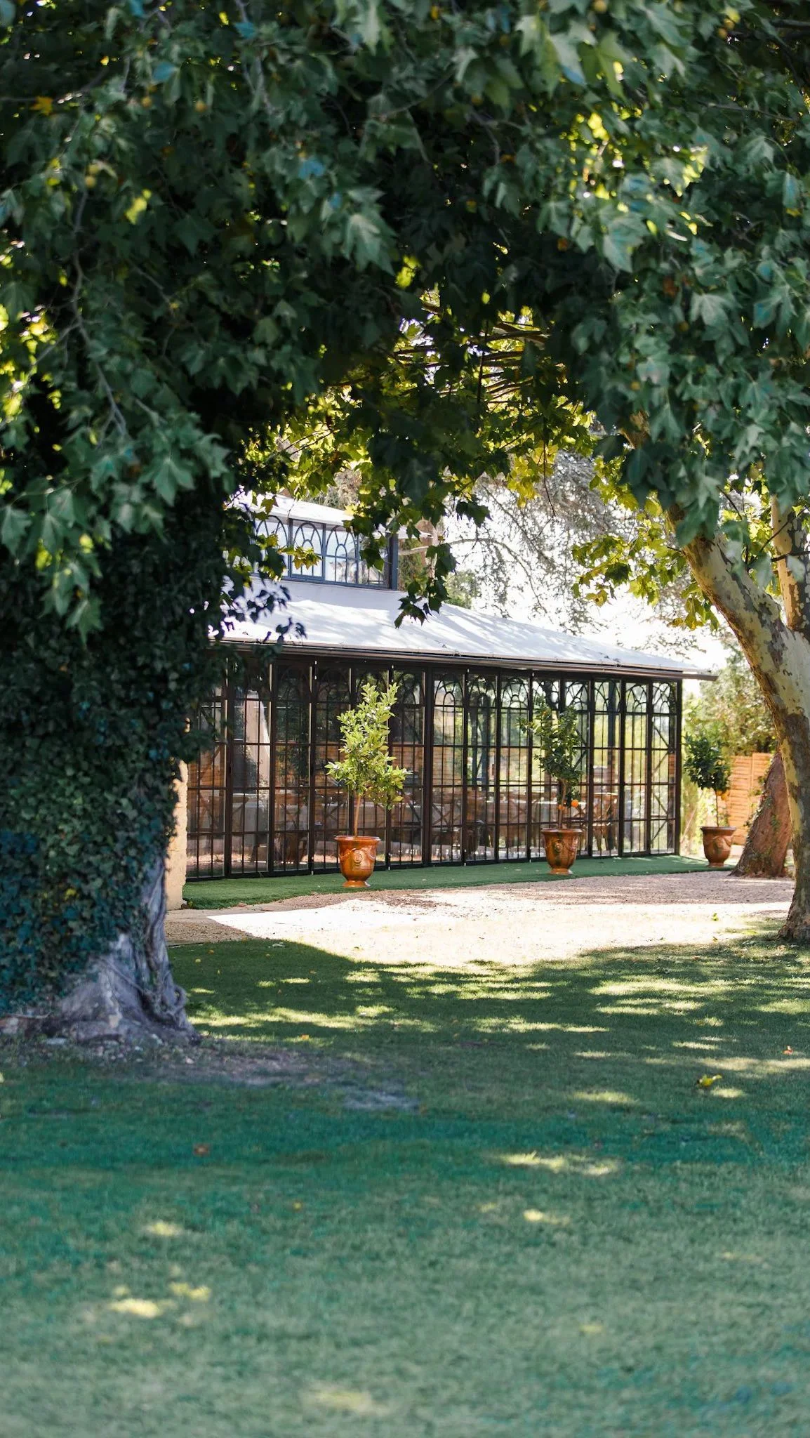 Orangerie en fer forgé du Domaine de la Trinité en Hérault, vue depuis le jardin ombragé avec vasques en terre cuite