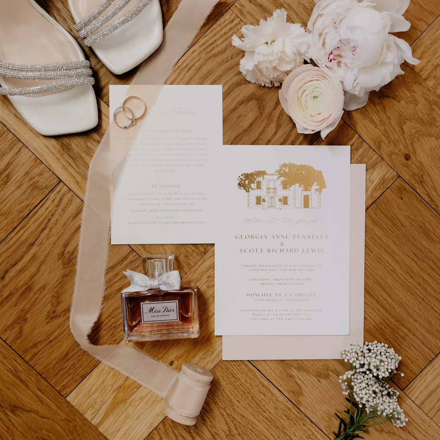 Papeterie de mariage avec faire-part illustré du Domaine de la Trinité, alliances et parfum Miss Dior, Hérault