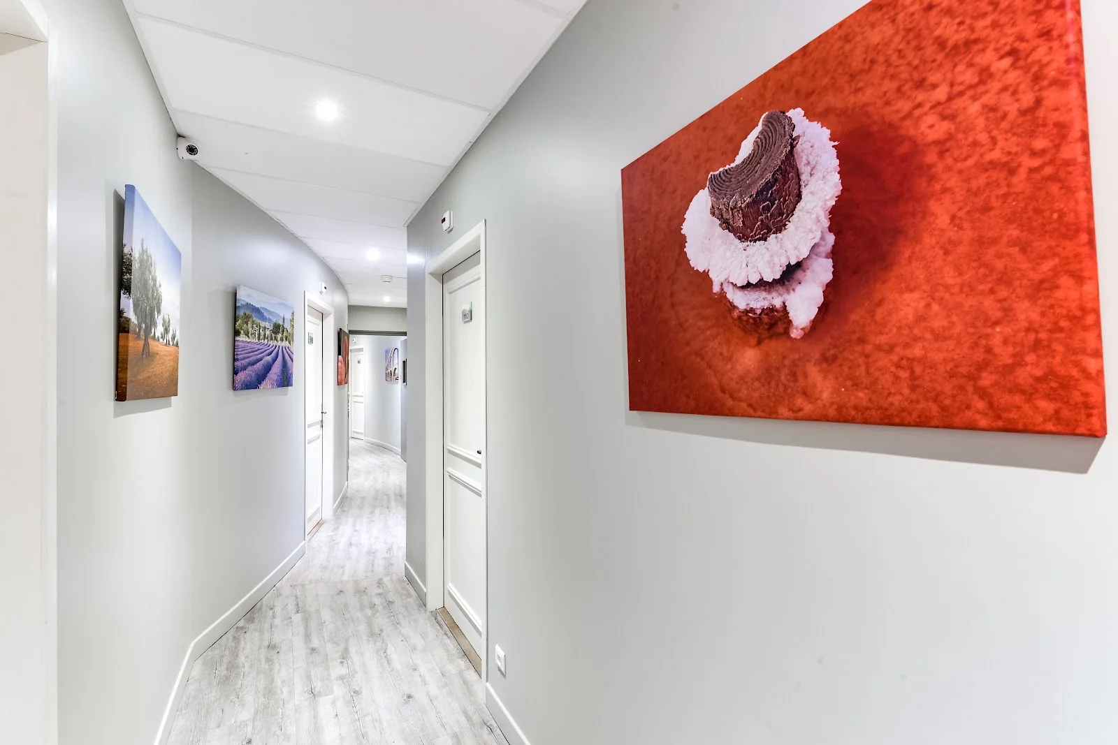 Couloir des chambres décoré d'œuvres d'art photographiques au Domaine de l'Estelou - Hérault