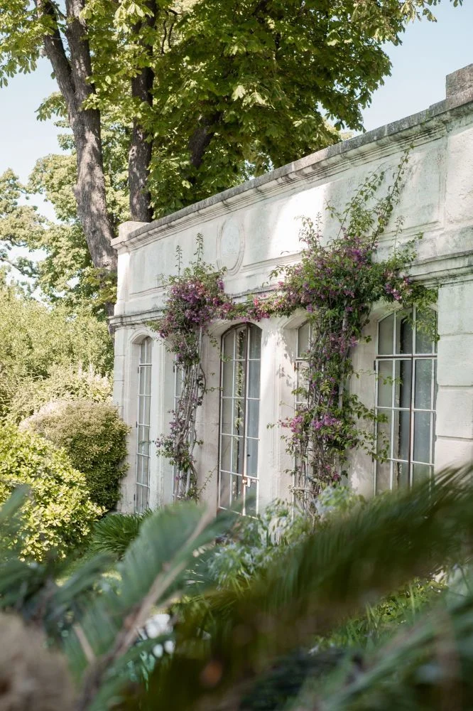 Orangerie néoclassique du Domaine de Verchant couverte de bougainvilliers violets dans un jardin luxuriant, Hérault