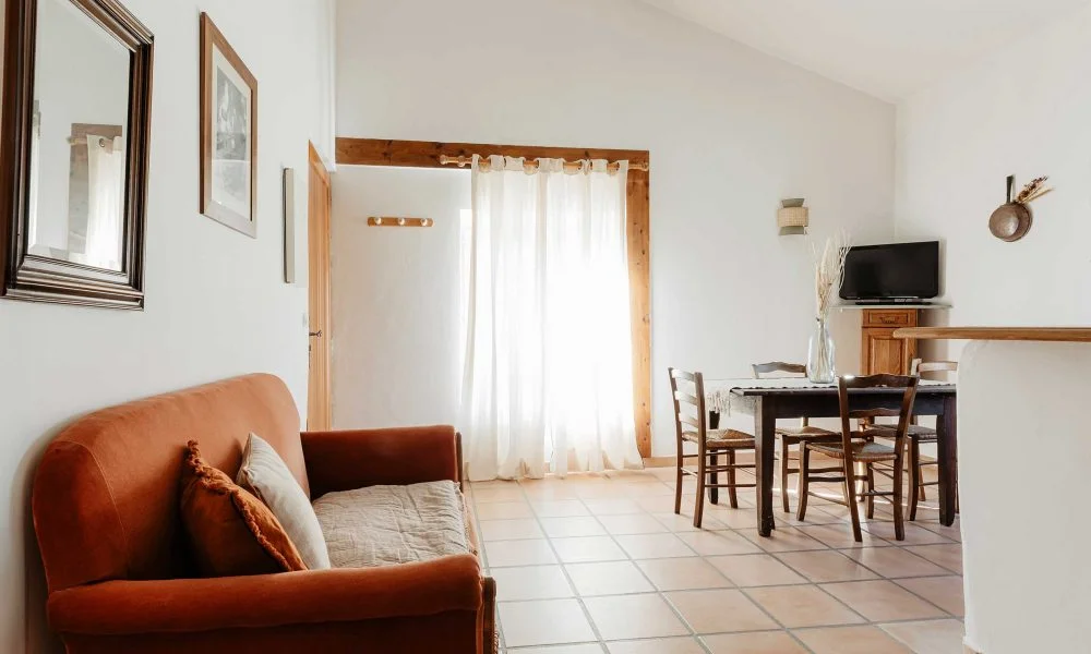 Salon lumineux avec canapé rouille et salle à manger au Domaine des Rives Hérault