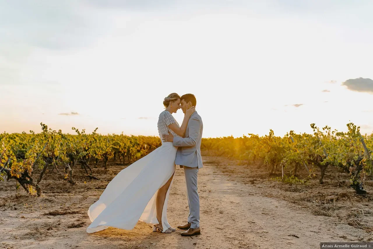 Couple de mariés dans les vignes au coucher du soleil près du Domaine Fon de Rey en Hérault