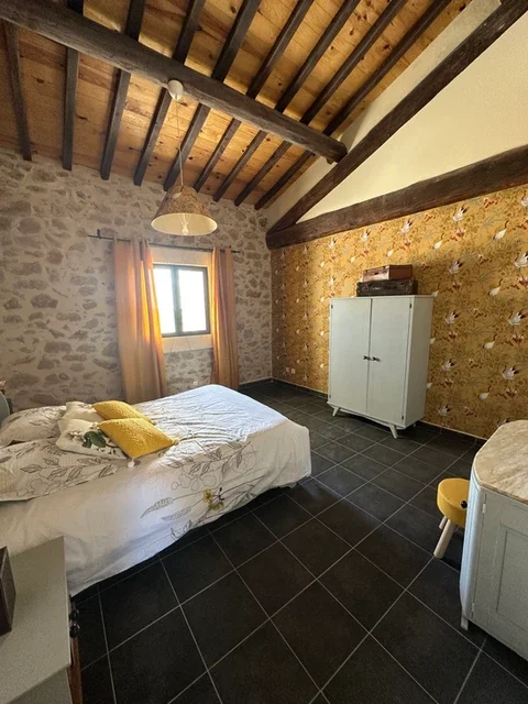 Chambre double avec papier peint oiseaux jaune et poutres apparentes au Domaine Les Barrettes Agde Hérault