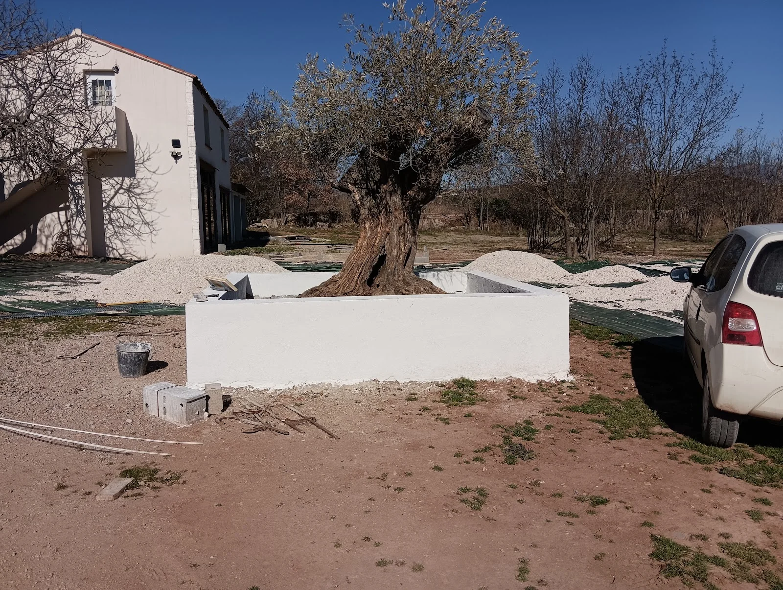 Vue extérieure du Domaine du Mas de Mare dans l'Hérault avec olivier centenaire et muret blanc pour mariage en Occitanie