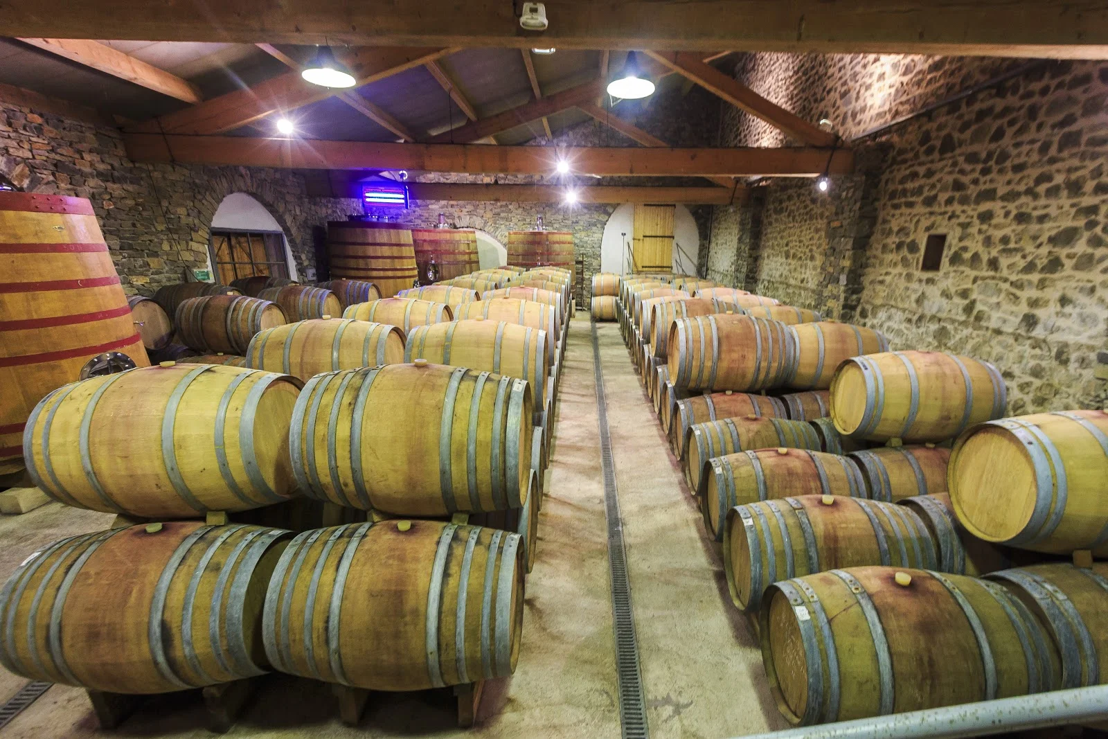 Cave de vinification du Domaine Mas de Martin avec fûts de chêne, domaine viticole pour mariage dans l'Hérault