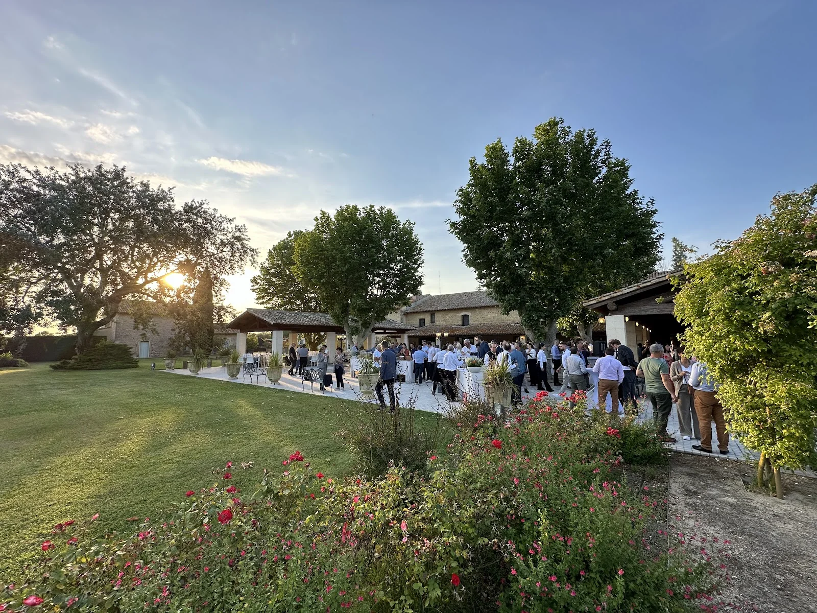 Cocktail de mariage au coucher du soleil sur la terrasse du Domaine Mas Saint Gabriel dans l'Hérault