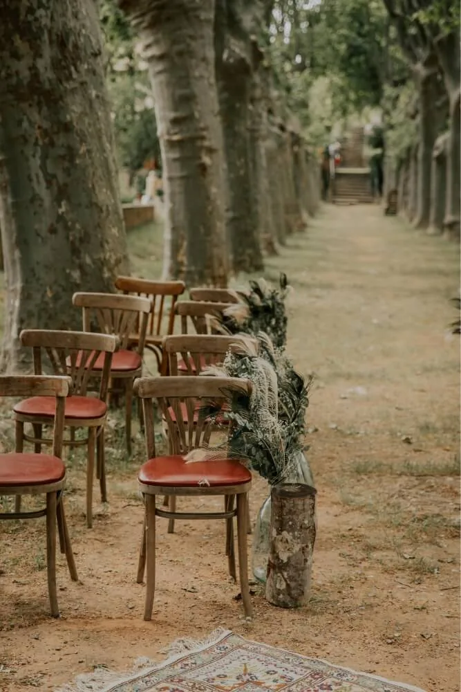 Allée arbres centenaires, chaises bois rouge, tapis, ambiance champêtre, Domaine Pech Laurier Quarante mariage Hérault Occitanie