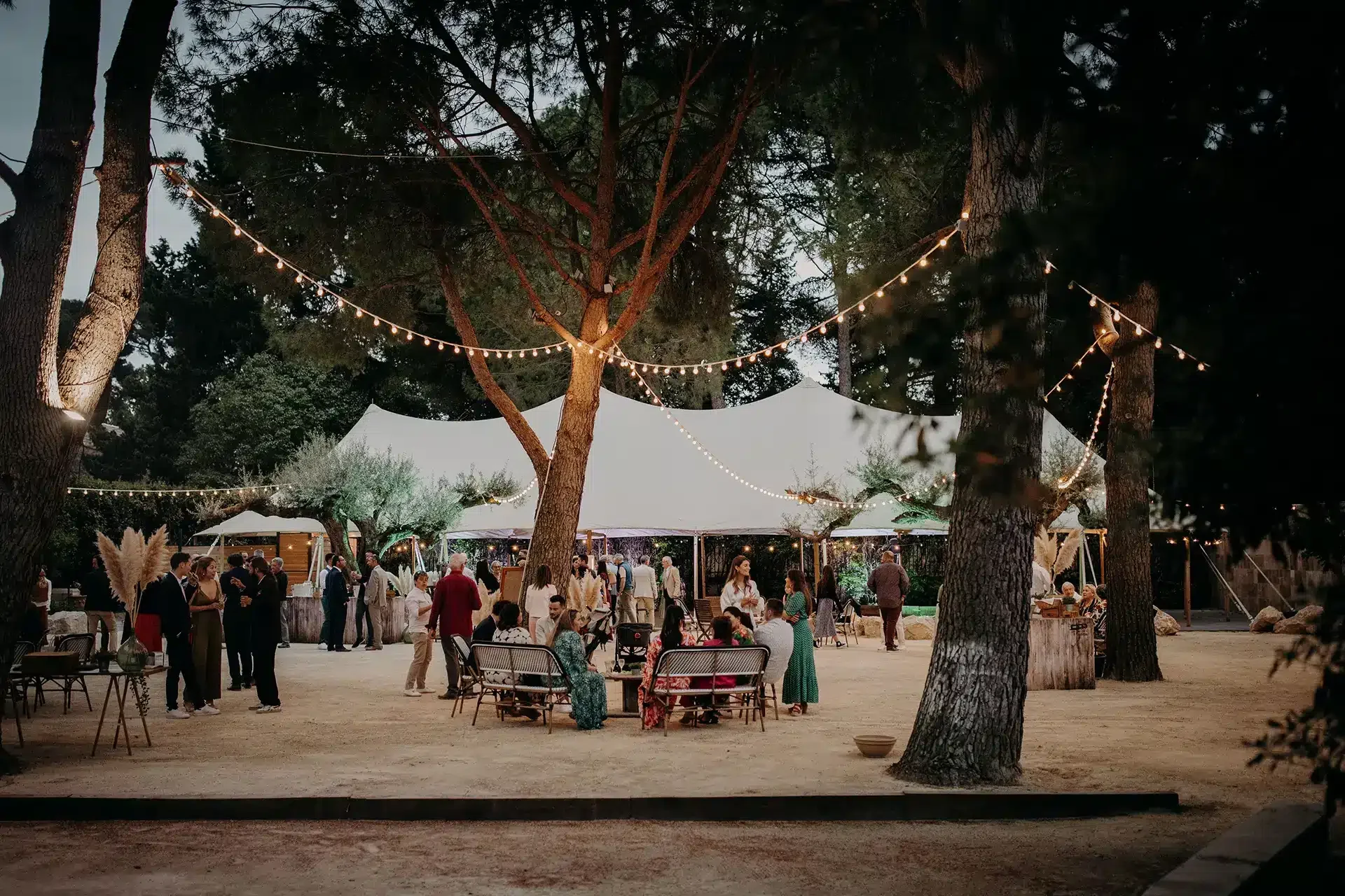Ambiance cocktail nocturne au Domaine du Petit Malherbes dans l'Hérault, mariage sous les guirlandes festives