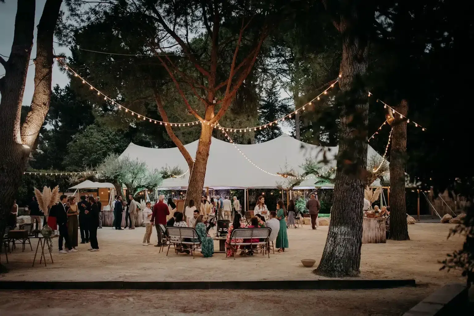 Fête extérieure de mariage au Domaine du Petit Malherbes Hérault, guirlandes et tente blanche dans le jardin
