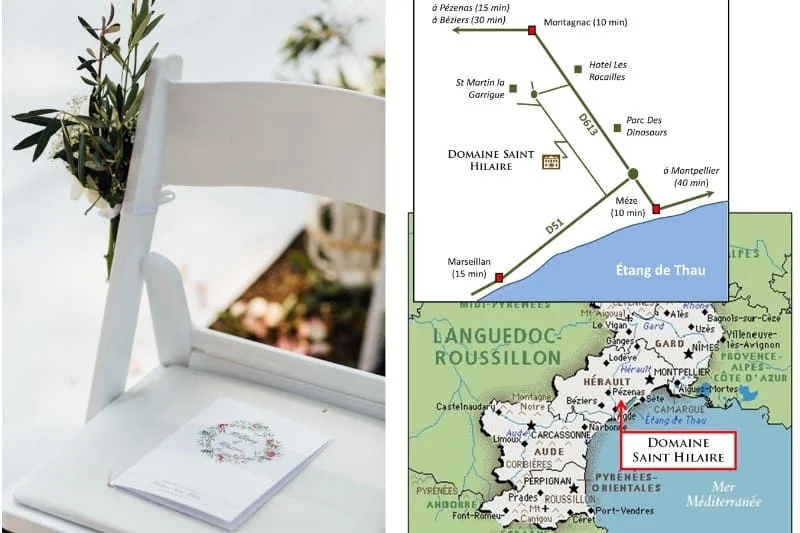 Carte de localisation du Domaine Saint Hilaire en Hérault près de Montpellier, Sète et de l'Étang de Thau