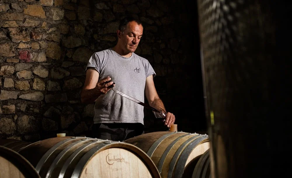 Vigneron du Domaine Saint Hilaire en Hérault effectuant une dégustation sur fûts de chêne dans la cave en pierre