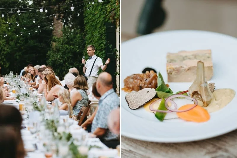 Dîner de mariage gastronomique au Domaine Saint Hilaire en Hérault avec discours en extérieur et assiette foie gras truffe