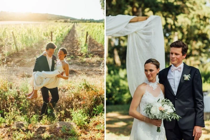 Mariage au Domaine Saint Hilaire en Hérault : couple dans les vignes au coucher de soleil et cérémonie sous arche