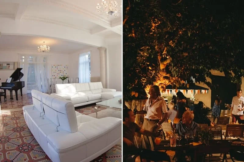 Salon intérieur avec piano et soirée nocturne sous les arbres au Domaine Saint Hilaire, domaine de mariage en Hérault