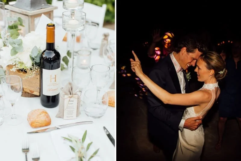 Table de réception décorée avec vin du domaine et couple dansant la nuit lors d'un mariage au Domaine Saint Hilaire Hérault