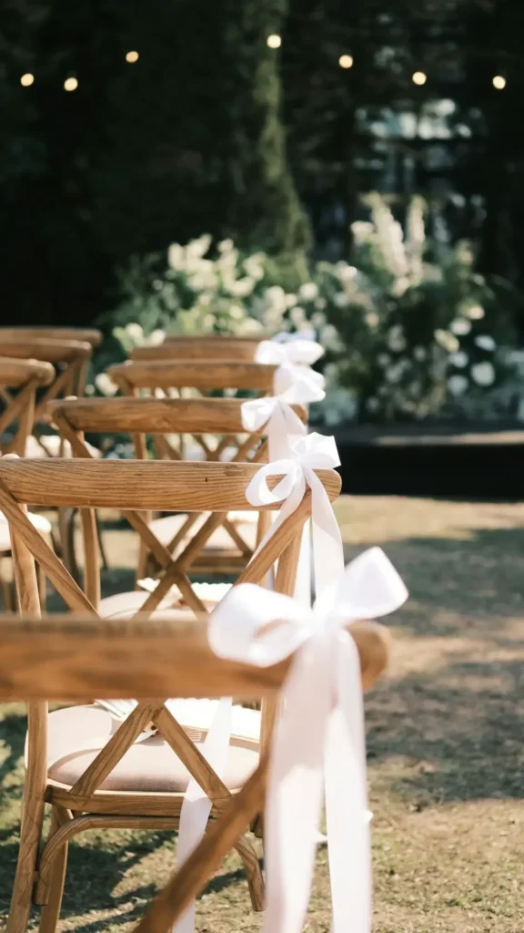 Chaises bois rubans blancs allée extérieure cérémonie jardin Domaine Saint Jean de Roca Nizas mariage Hérault Occitanie