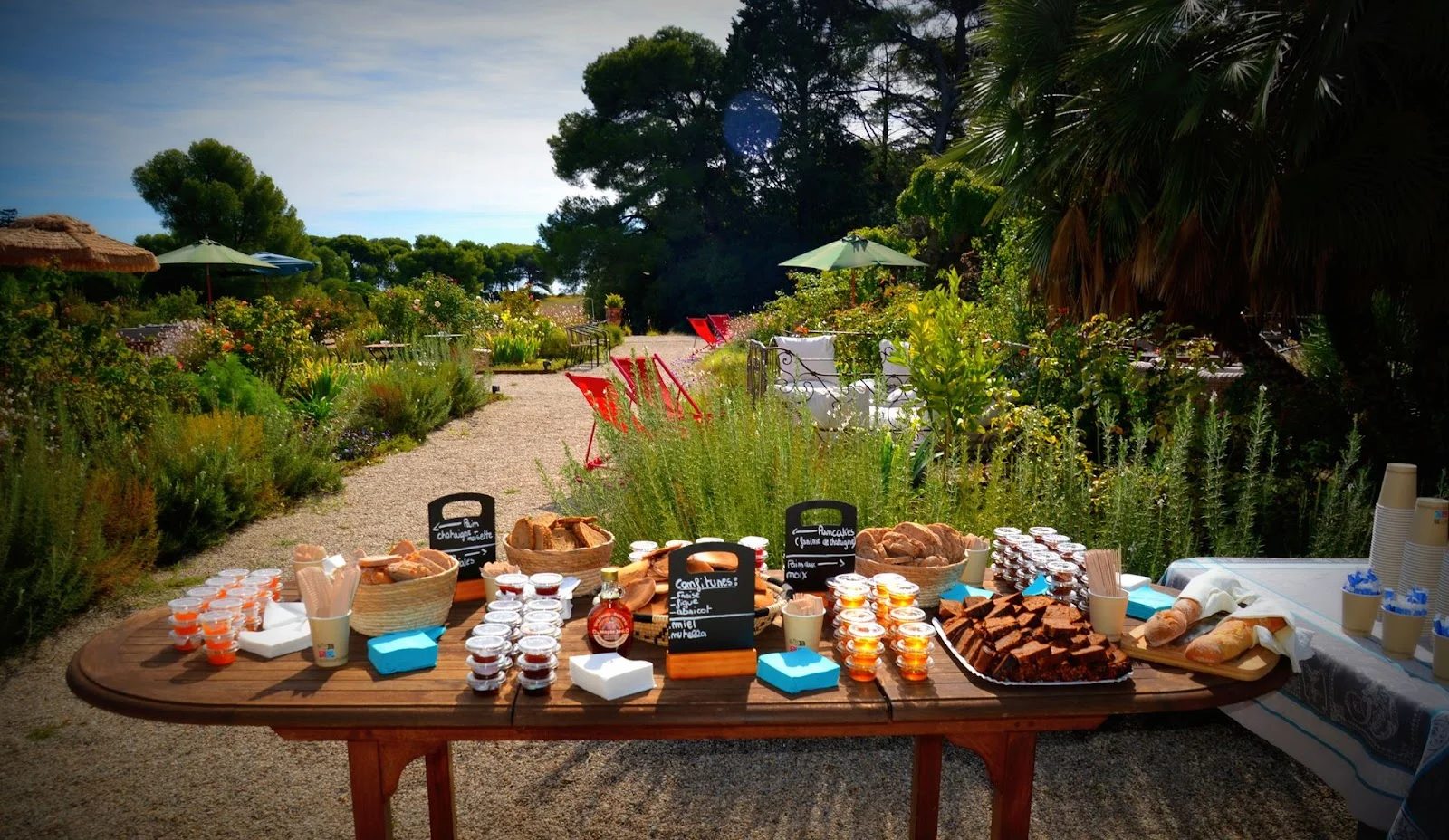 Buffet de réception dressé en plein air dans le jardin du domaine La Bellonette en Hérault